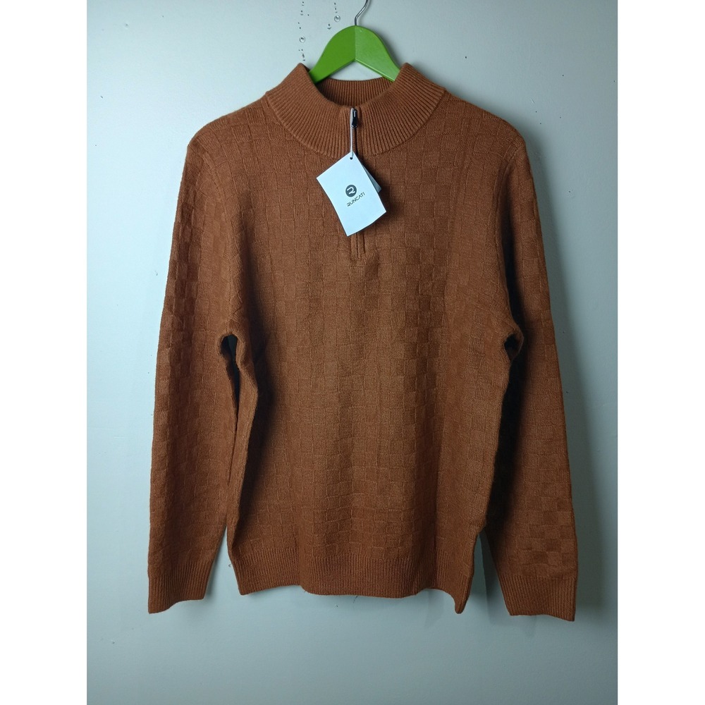 Runcati Mens Quarter Zip Sweater Brown Textured Checkerboard Mock Neck M5W293 M